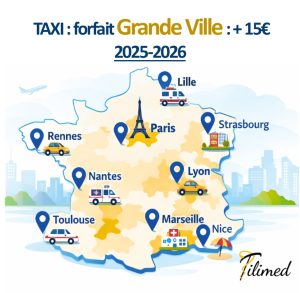 Lire la suite à propos de l’article Taxi : Forfait grande ville taxi conventionné : liste complète des villes et établissements éligibles (2025–2026)