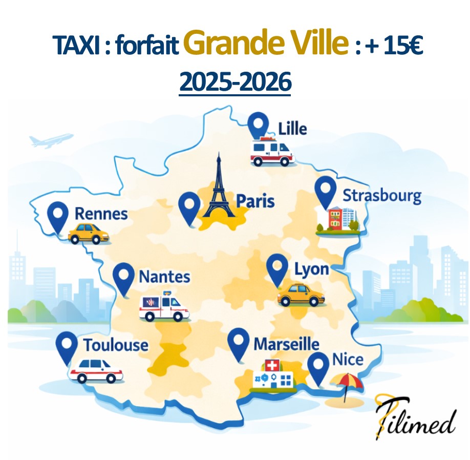 You are currently viewing Taxi : Forfait grande ville taxi conventionné : liste complète des villes et établissements éligibles (2025–2026)